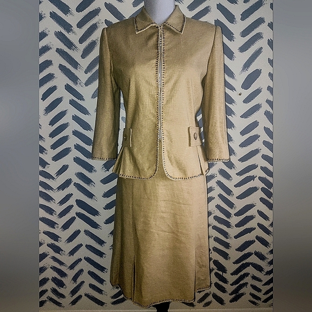 Zara Basic Linen Embellished 2 Piece Suit Blazer Jacket Midi Skirt Beaded